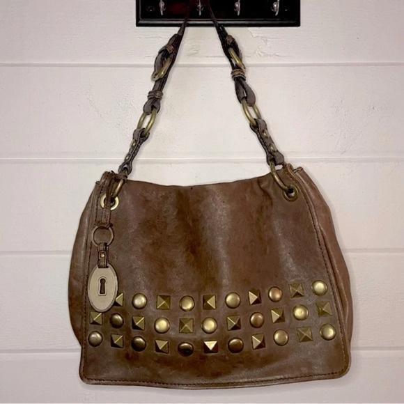 Fossil Handbags - Fossil Long Live Vintage Brown Leather Brass
Studded Shoulder Hobo Bag Purse